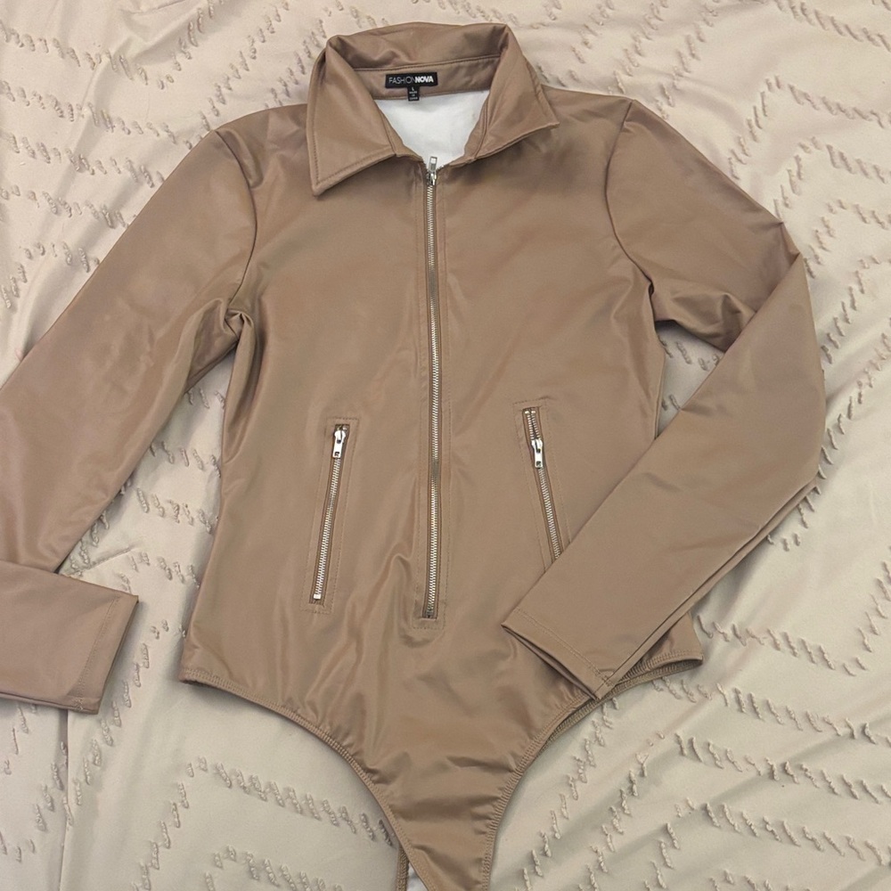 Fashion Nova Tan Zip-Up Bodysuit